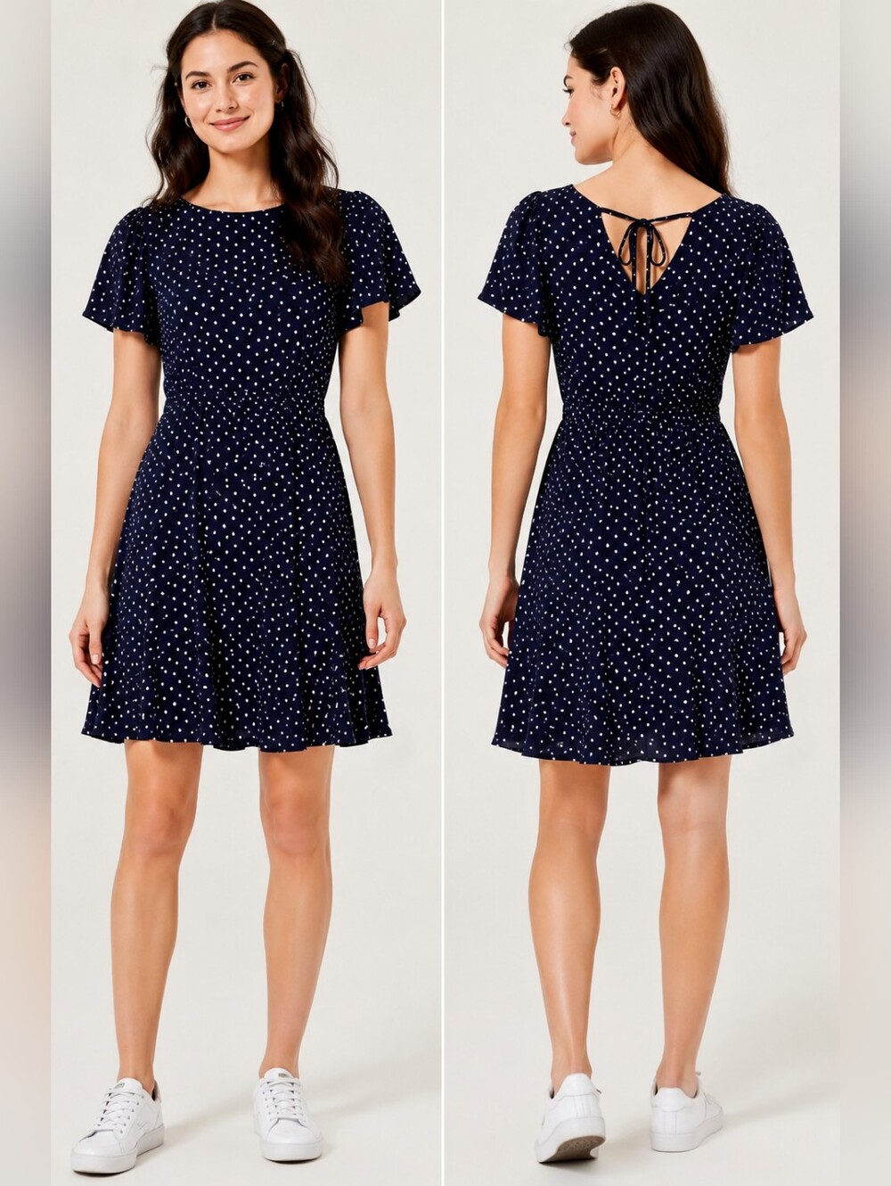 LOFT Navy & White Polka Dot Fit & Flare Dress Open Tie Back Flutter Sleeve Sz 6